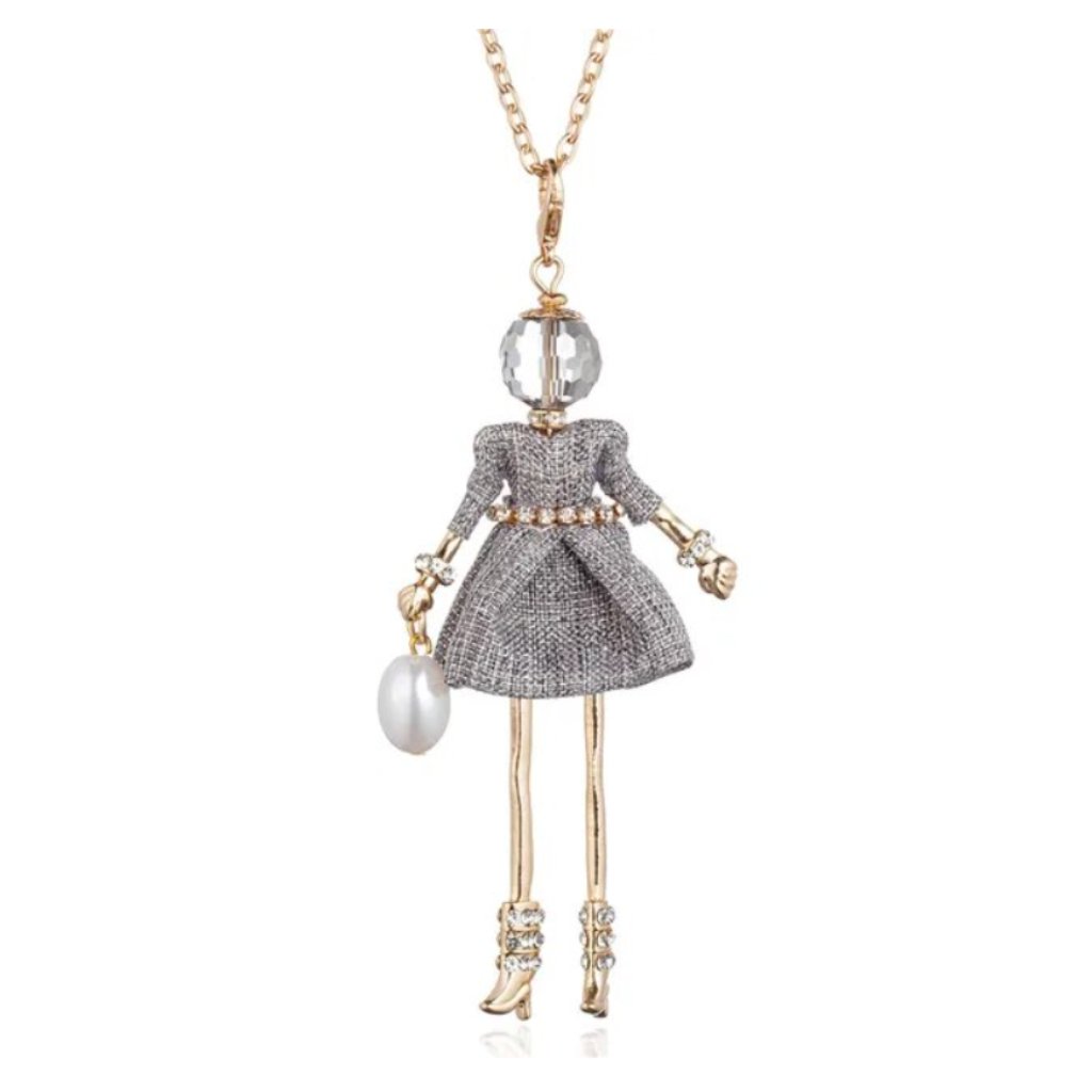 French Dancing Doll In Silver Cocktail Dress Statement Pendant Necklace 34x2